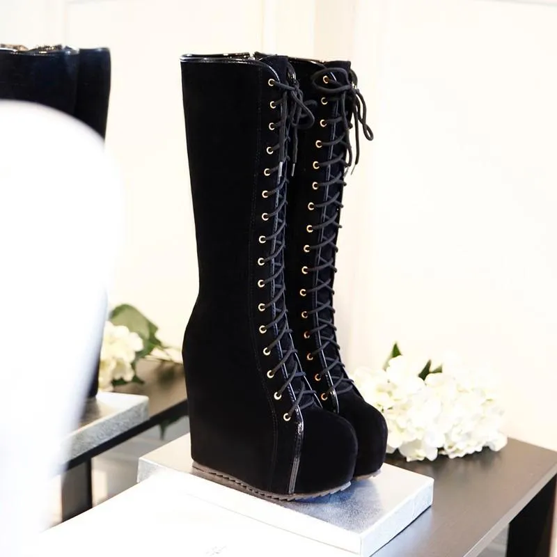 Women's Lace Up High Heel Platforms Boots