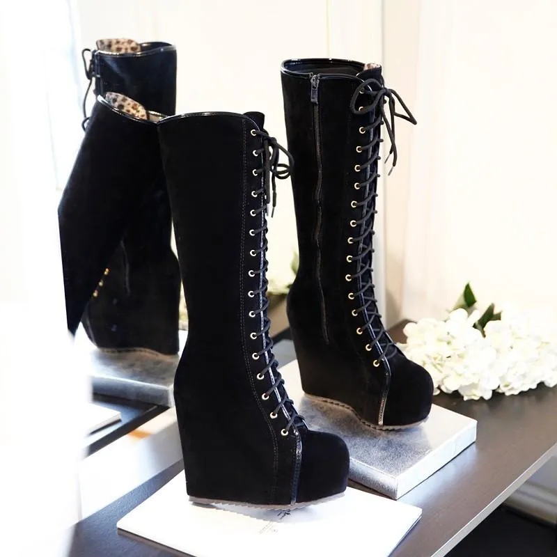 Women's Lace Up High Heel Platforms Boots