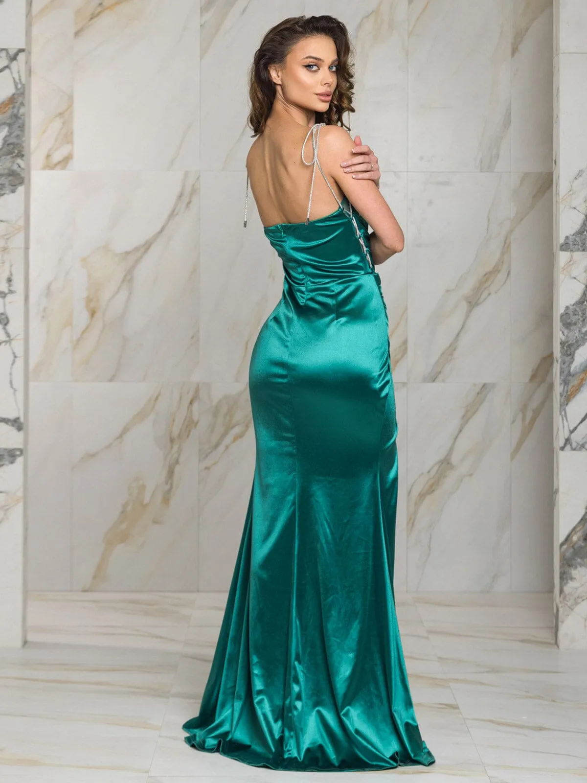 WOMEN'S SLEEVELESS OPEN BACK SURPLICE BODYCON FRONT SLIT MAXI GOWN DRESS
