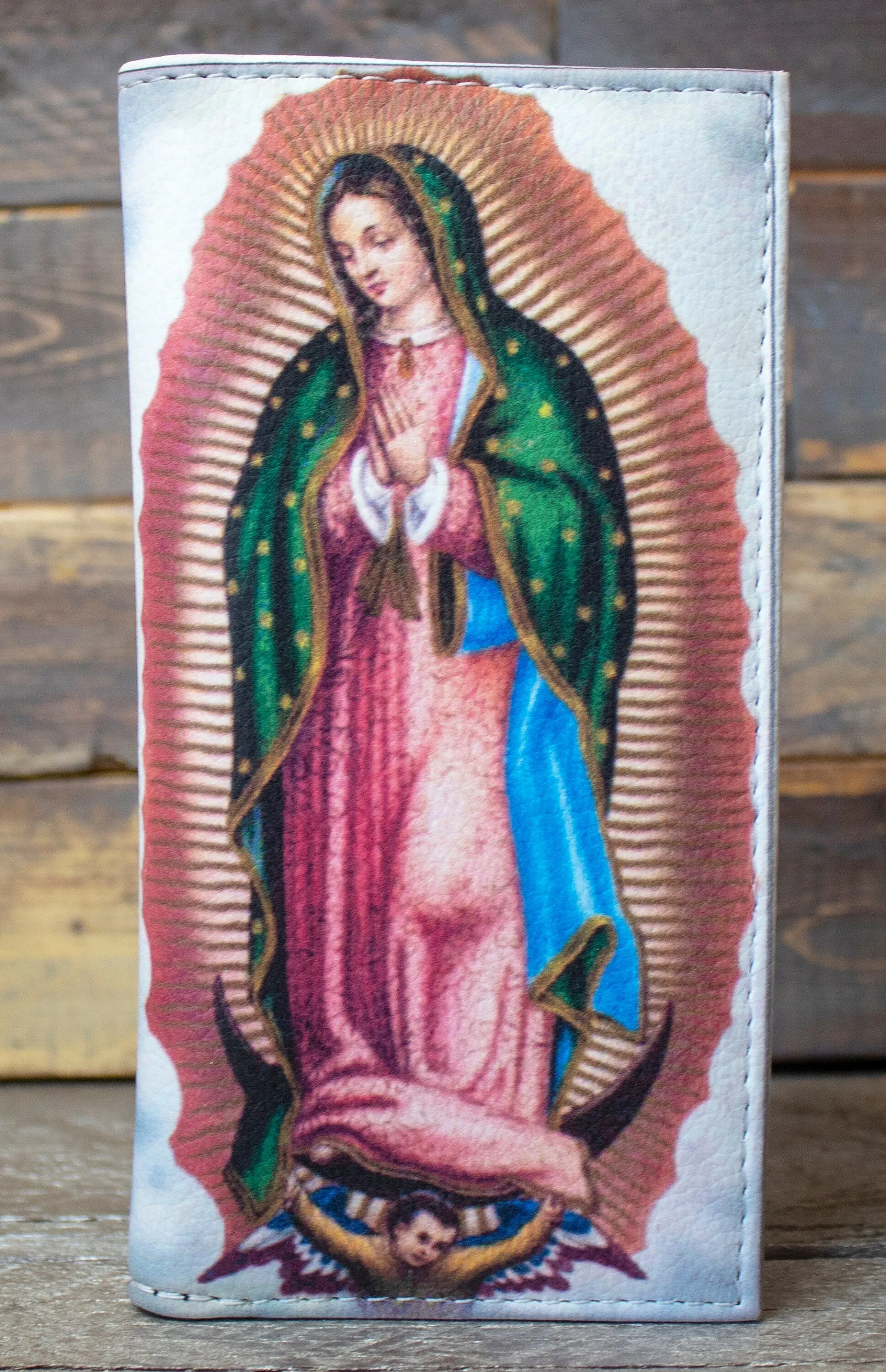WOMENS VIRGIN MARY virgen de guadalupe lazer printed slim bifold leather wallet