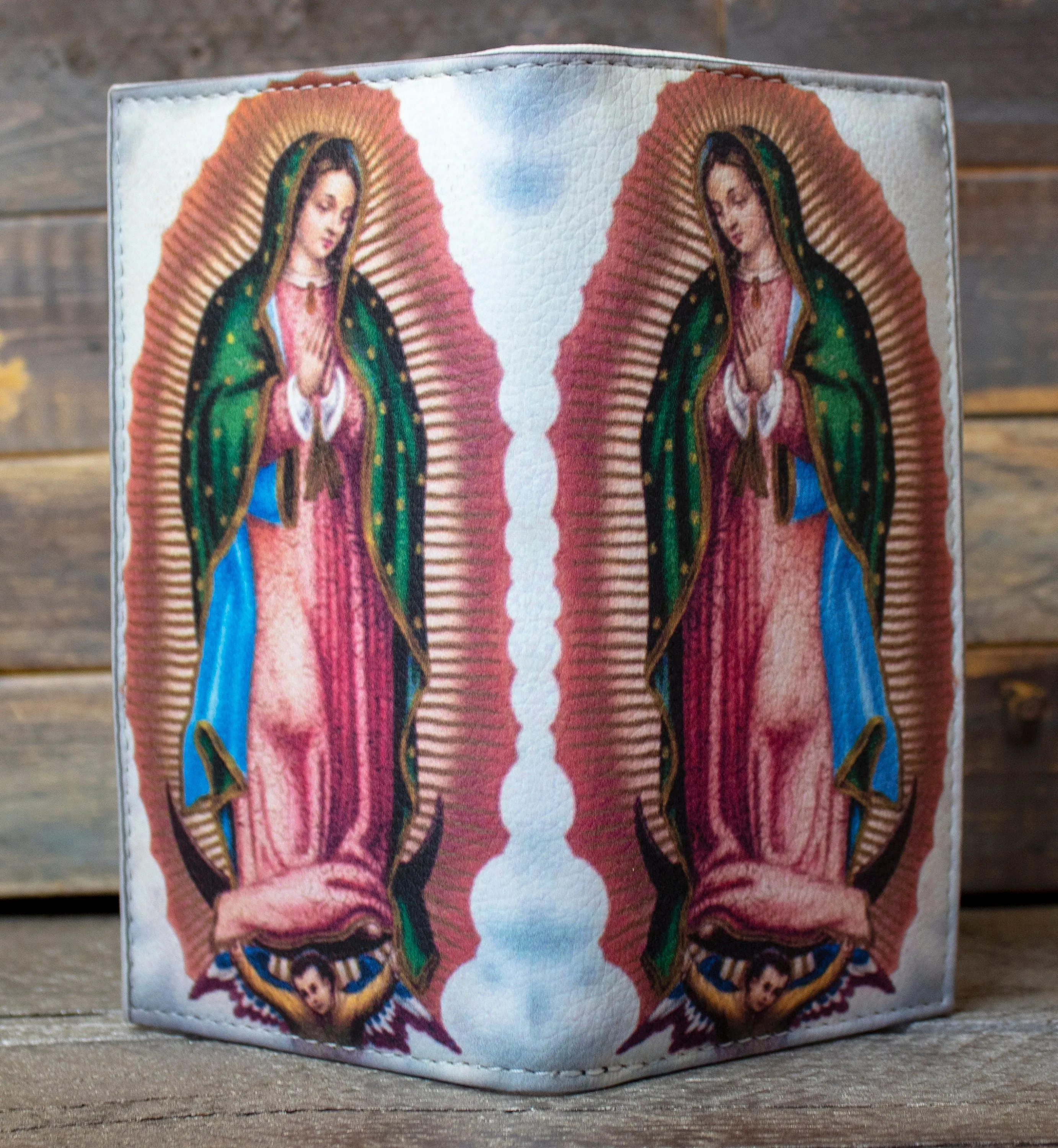 WOMENS VIRGIN MARY virgen de guadalupe lazer printed slim bifold leather wallet