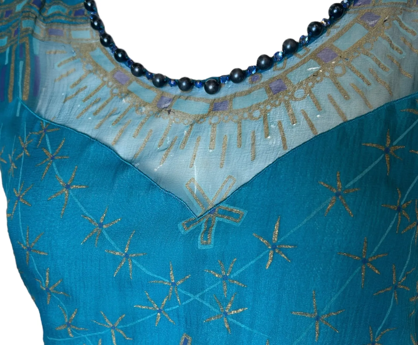 Zandra Rhodes 1970s/80s Silk Turquoise Silk Screen Dress
