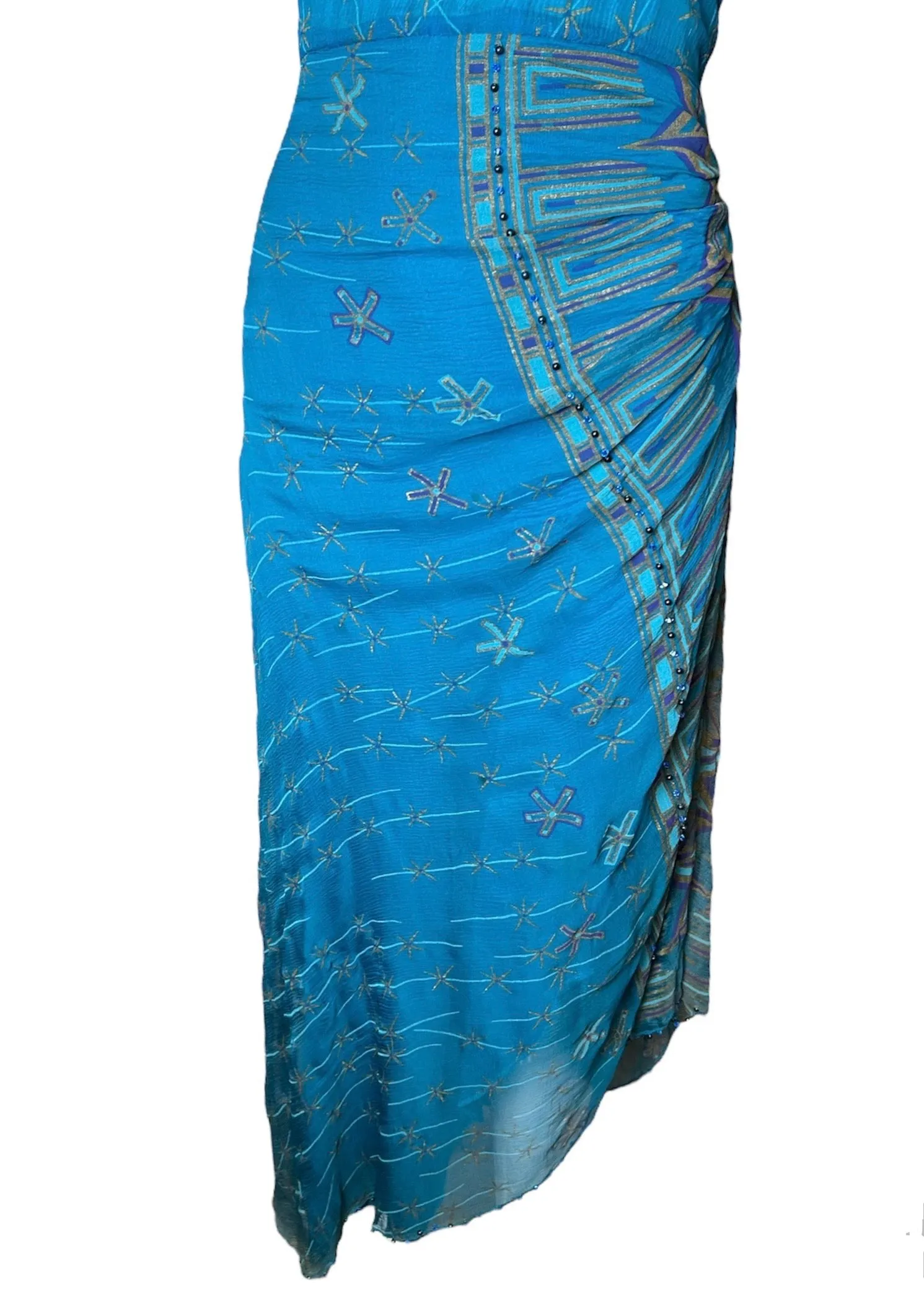 Zandra Rhodes 1970s/80s Silk Turquoise Silk Screen Dress